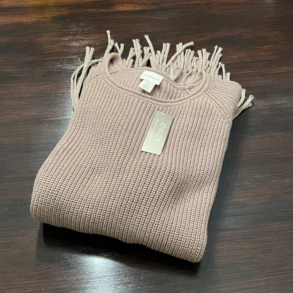 CHICO’S Drama Fringe Pull Over Sweater Taupe - Picture 9 of 12